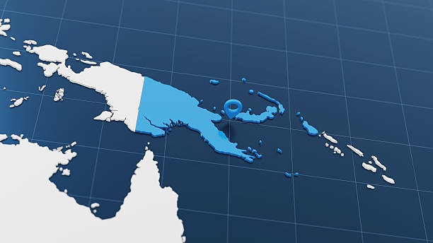 istock Blue Papua New Guinea 3d map with pointer pin surrounded with other countries in white. Political map with borders. 3d render illustration 2208881909
