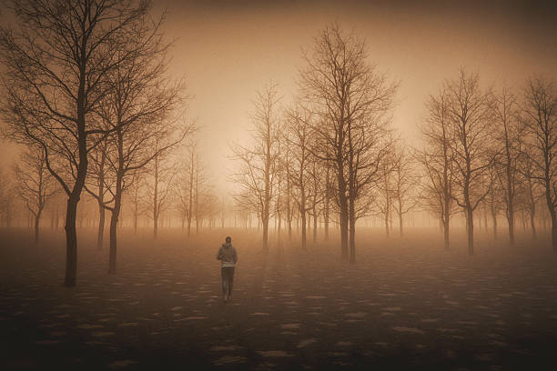 Man walking in fantasy forest at night, 3D generated image.