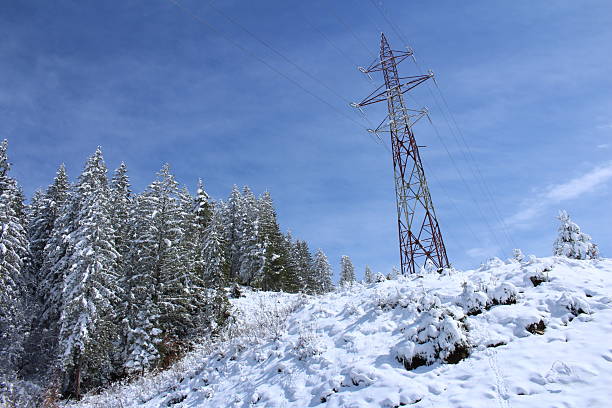 A snowy landscape with a tower and trees. Snow. Outdoor. Tree. Sky. Covered