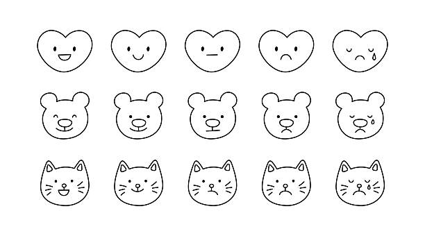 Cute doodle heart, cat and bear face icon set. Smile, sad and cry heart. Cat kawaii emoji. Hand drawn bear emoticon. Good and bad mood. Vector illustration isolated on white background Cute doodle heart, cat and bear face icon set. Smile, sad and cry heart. Cat kawaii emoji. Hand drawn bear emoticon. Good and bad mood. Vector illustration isolated on white background. sad kawaii teddy bear stock illustrations