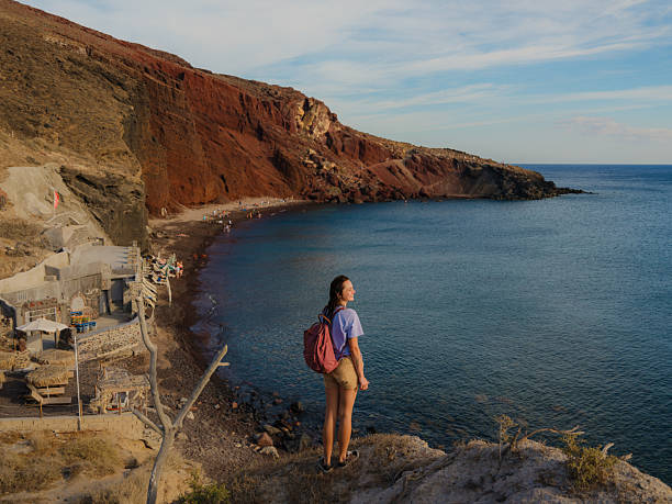 High up view of famous Red Beach, Santorini, Greece
