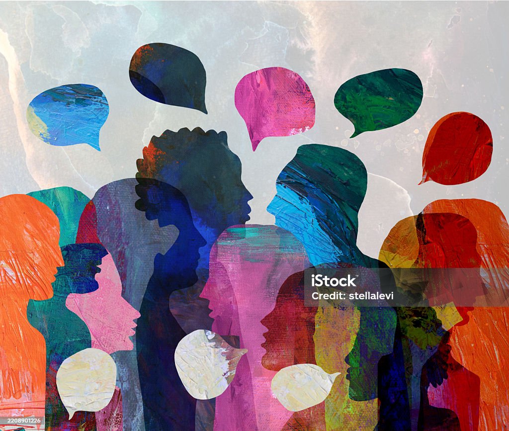 Group of diverse people talking, bonding, communicating. Using speech bubbles. - Royalty-free Discussie Stockillustraties Group of diverse people talking, bonding, communicating. Using speech bubbles. - Royalty-free Discussie Stockillustraties