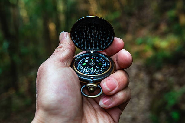 Holding a compass in hand to find direction