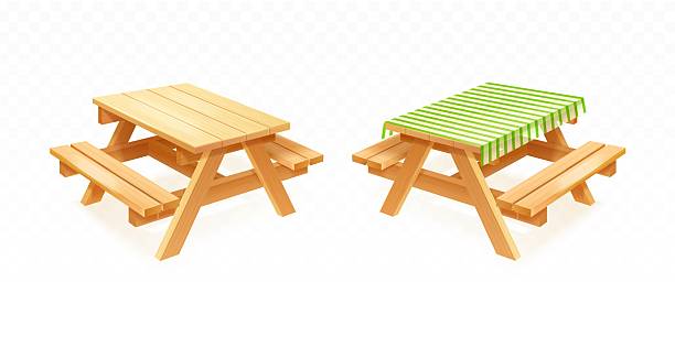 istock Realistic picnic table. 3d wooden table with tablecloth and wood bench summer camping bbq grill spring dinner on nature backyard garden outdoor furniture exact vector illustration 2208910392