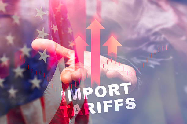 IMPORT TARIFFS over a US flag, a hand, and rising red arrows, symbolizing the economic effects of trade policies.