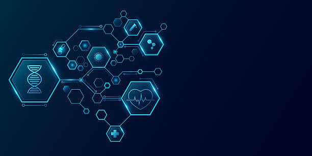 istock Blue glowing connected hexagons with health care icons. Medical tech background. Digital health insurance concept and access to welfare. Vector illustration 2208912424