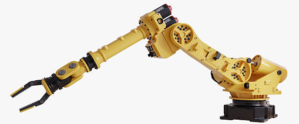 istock Yellow robotic arm with gripper standing on white background- 3D rendering 2208914723