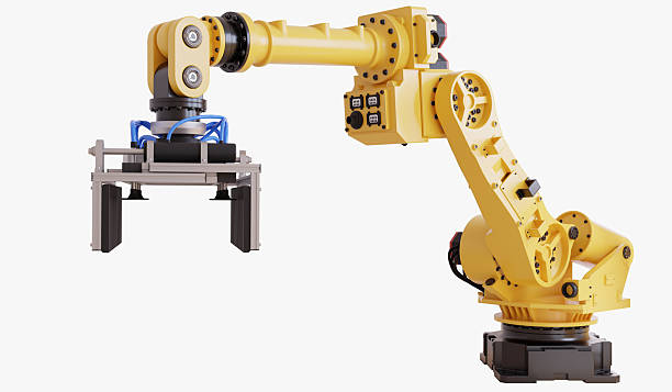 istock Yellow robotic arm with gripper standing on white background- 3D rendering 2208914772