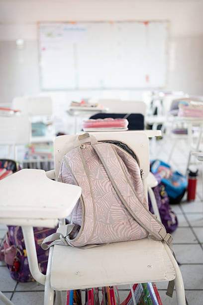 istock Backpack resting on chair in empty classroom after school day 2208916331