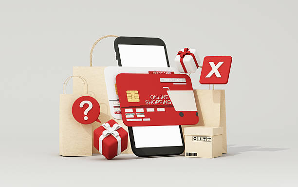 Mobile shopping issues represented by declined credit card, question mark, and warning signs near gifts and packages. 3d rendering.