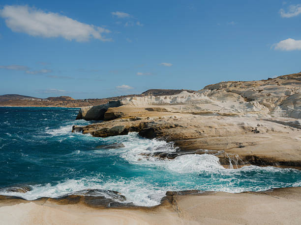 Sarakiniko beach with crashing waves, Milos, Greece