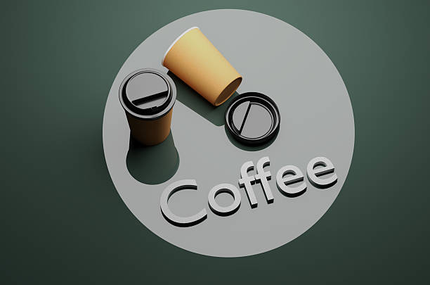 CGI sustainable living lined up cardboard takeaway cups and coffee lettering, 3d rendered