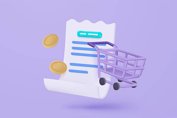 istock 3D shopping cart with bill icon for payment transaction notice. paper receipt for shopping offer in store. Business invoice bill expenses idea concept. 3d invoice list icon vector render illustration 2208925295