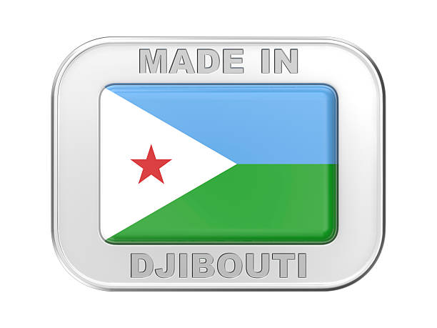 The national flag of Djibouti, featuring a light blue and green horizontal stripe with a white triangle on the left containing a red star, is shown waving in the wind. The textured fabric emphasizes its motion and symbolizes national pride and unity.