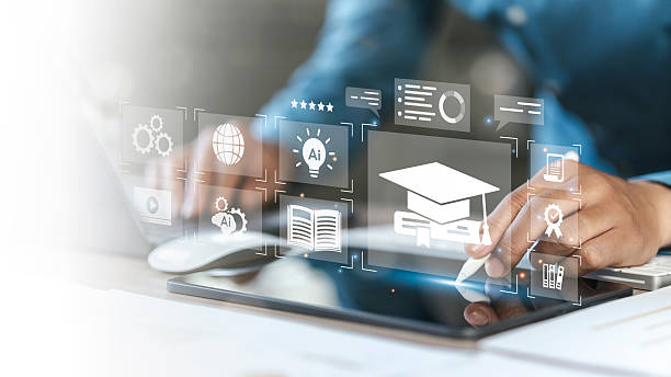 istock e-learning education concept, man use laptop with icons representing online education, Learning using artificial intelligence, ai, educational tools, video tutorial digital courses, internet lessons. 2208931408