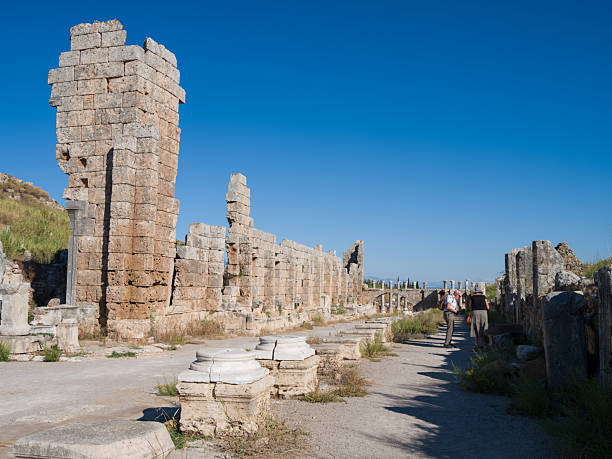 Ruins of the ancient city of Perge in Antalya. Palaestra and Gymnasuim area and structures. Turkey's historical and archaeological heritage. Antalya city, Turkey country