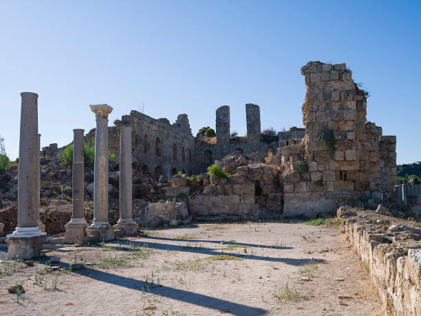 Ruins of the ancient city of Perge in Antalya. Palaestra and Gymnasuim area and structures. Turkey's historical and archaeological heritage. Antalya city, Turkey country