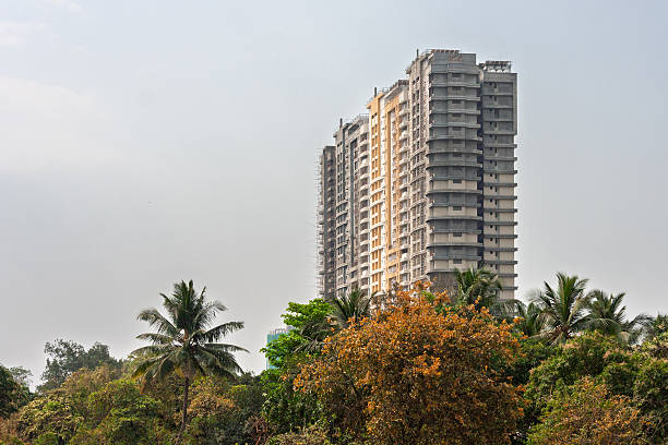 Fragment of residential apartment.Detail of new luxury house and home complex.Copy space.Blue sky. Modern architecture.Very tall building.