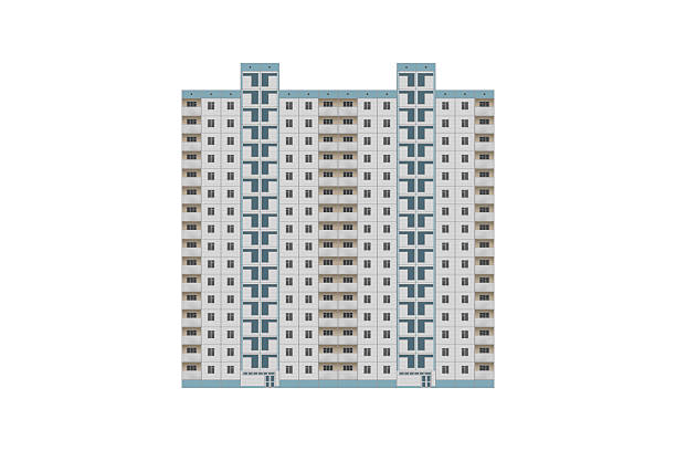 Modern, high-rise apartment building lined with white ceramic tiles is isolated. Front view of a residential multistory building with balconies, typical of urban housing architecture.