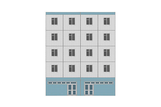 Four-storey panel apartment building with two entrances, tiled in white and blue ceramic tiles is isolated. Front view of a small residential building.