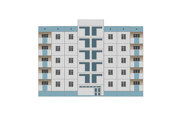 Five-storey residential building with ceramic tile facade and minimalist geometric design is isolated.