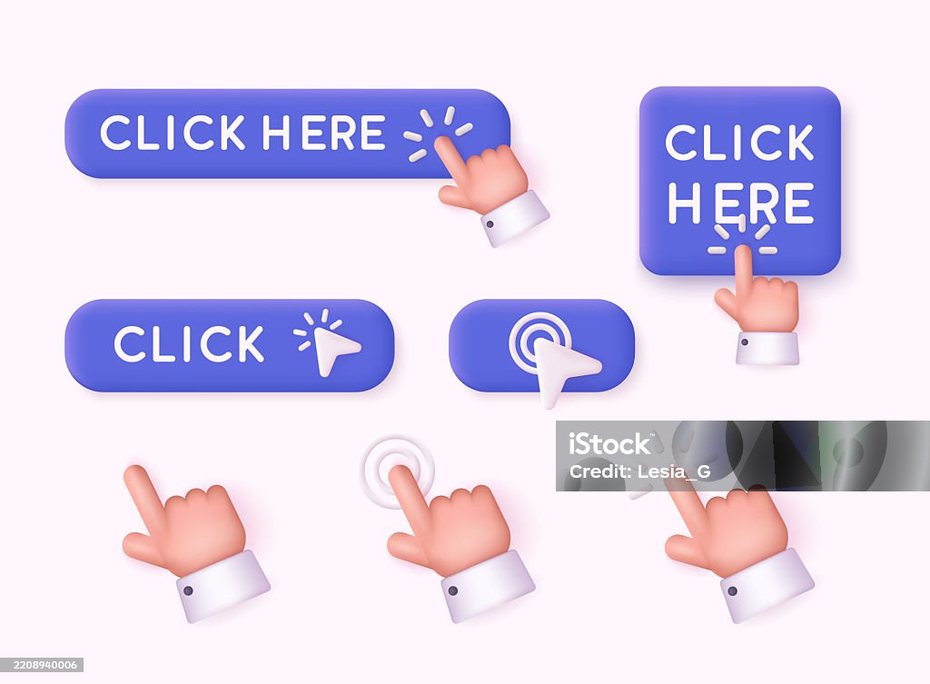 Click Here Web Buttons Set Of Action Button Hand Cursor And Arrow ...
