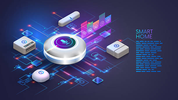 ilustrații de stoc cu casă inteligentă. control vocal. difuzor inteligent. sistem de casă inteligentă iot. ai controlează dispozitivele prin control vocal. - recunoaşterea vorbirii