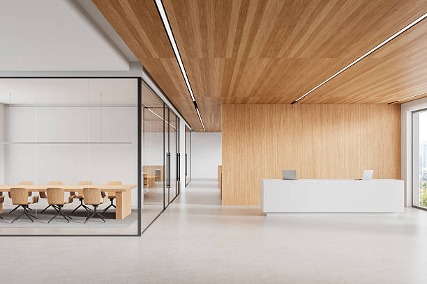istock Modern office reception with wooden interior and glass meeting room. 3D Rendering 2208949331