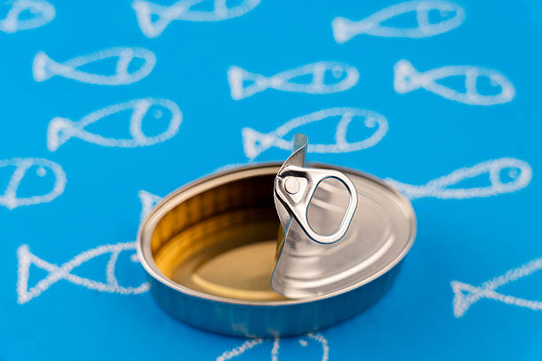 istock Metallic fish can revealing fresh sardines against bright blue surface, illustrated fish swimming near opened 2208950288