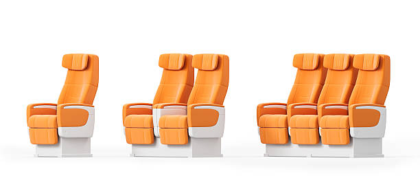 istock Modern airplane seats in vibrant orange color on a white background. Comfortable ergonomic design for premium air travel experience. 3D Rendering 2208950701