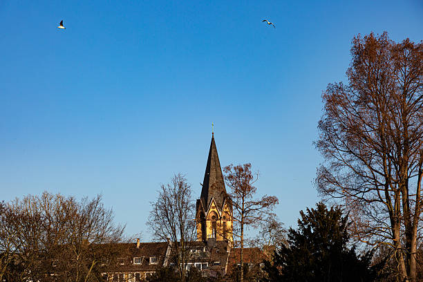 Church tower and trees in the city