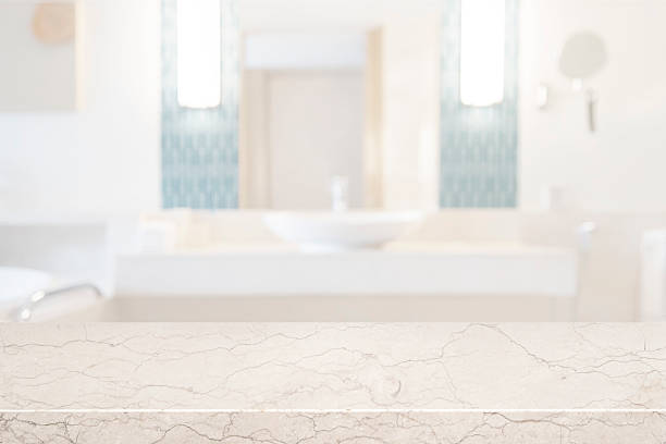 istock Empty marble table top with blurred bathroom interior background for product display montage 2208952965