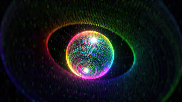 istock Abstract colorful glowing sphere with swirling energies and digital matrix patterns 2208954428