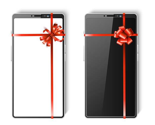 istock Black and white phone tied with gift red ribbon. Holiday present. 3D smartphone touchscreen. Realistic mobile screen. Birthday surprise. Cellular cellphone app display. Vector devices set 2208955004