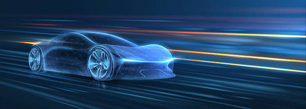 istock A concept car racing at high speed. Fast auto, green technology, sport vehicle. 2208958679