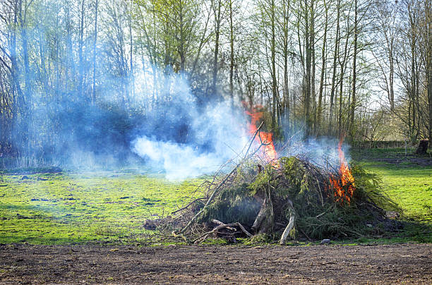 Garden fire or traditional Easter fire, branches and twigs from bush and tree cuttings are burned on an open meadow in spring, copy space, selected focus