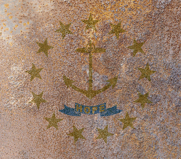 Rhode Island State Flag. Dirty Rhode Island state flag on rusty metal surface. Rusty metal texture