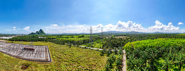 istock Aerial view High voltage with beautiful clouds sky. industrial use, electrical power systems. High-voltage power 2208966057