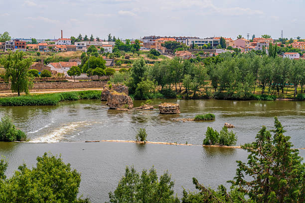 Ancient ruins of bridge across Douro river Zamora Spain Castile and Lyon
