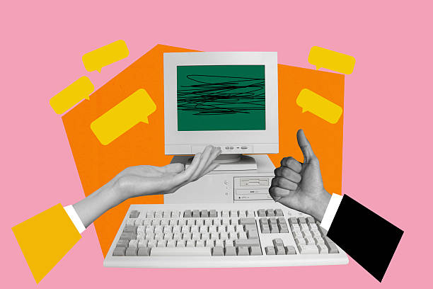 istock Poster image collage of two hands making gesture near computer gadget on pink color background 2208971010