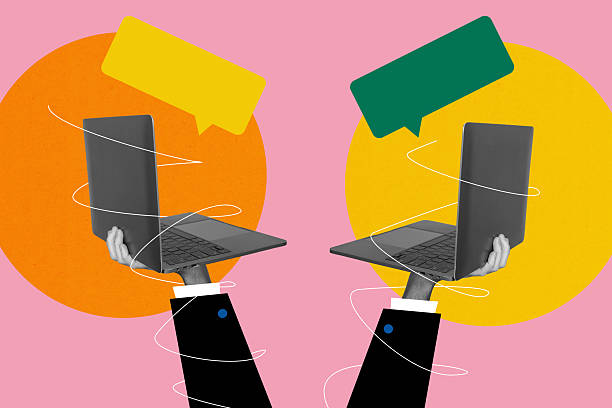istock Creative banner collage of two hands holding showing netbook with email talking 2208971011