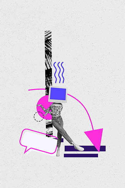 istock Trend artwork composite 3D photo collage design of headless computer monitor instead walk dance speech cloud message arrow point down 2208971159