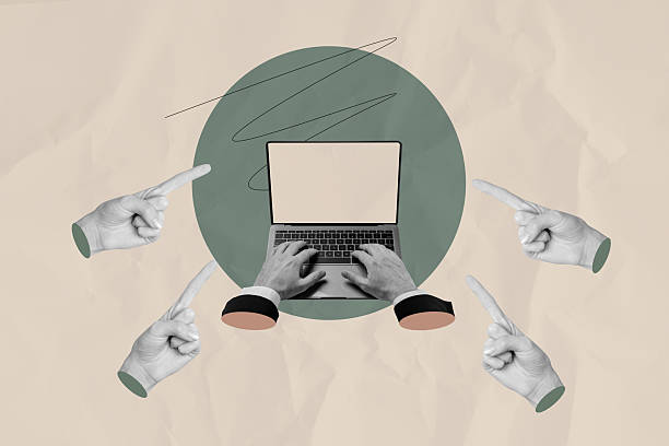 istock Template collage image of human hands using netbook typing message with finger pointing 2208971512