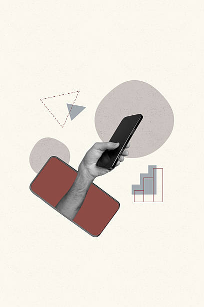istock Poster metaphor collage of human hand holding device from smart phone screen browsing 2208971544