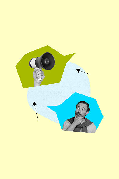 istock Creative picture collage of mature man thinking look speech bubble with loud speaker on yellow background 2208971856