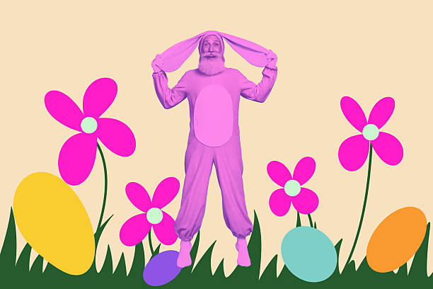 Creative sketch art collage of happy old man wear rabbit costume stand spring park easter egg hunt game flower bloom atmosphere.