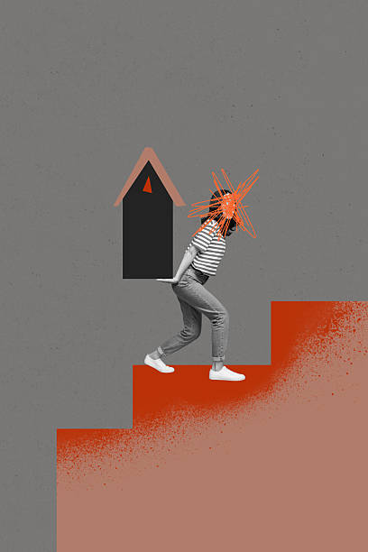 istock Template sketch image composite artwork collage of young lady mess line face walk arrow up hold house estate real relocation mortgage 2208973030