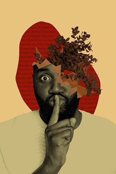 istock Trend artwork poster composite sketch image collage of half head mind think plant leaves portrait man hand gesture shh keep scilence 2208976576