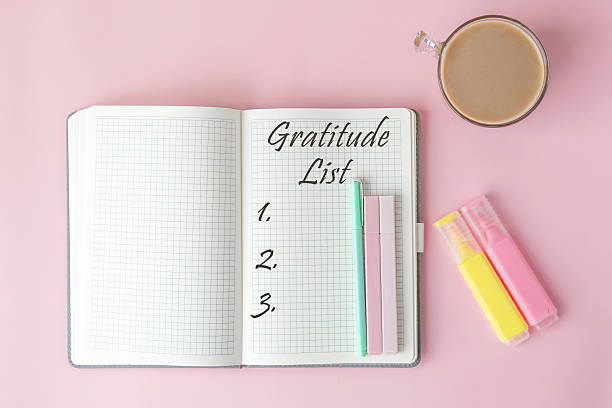 istock Open notebook with handwritten gratitude list, pastel pens and markers on pink background, flat lay composition with cup of coffee, concept of mindfulness and self-care concept 2208979536