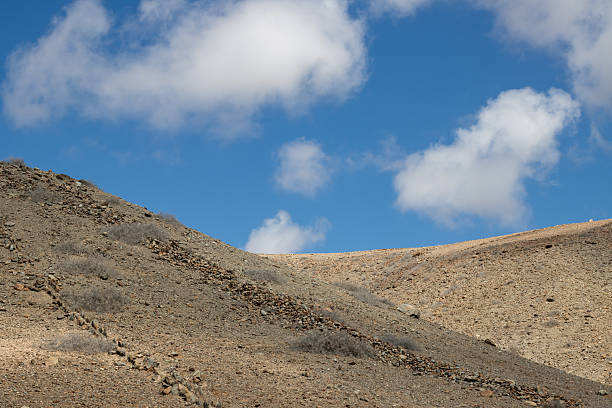 Arid ground full of stones on the mountains lining the coast on the south. Blue sky with white clouds. Sunny winter day. Area of Montana de la Arena, Las Palmas, Gran Canaria, Canary Islands, Spain.